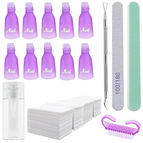 Ponjowl Gel Nail Polish Remover Kit with 10pcs purple Nail Polish Remover Clips Cap, Dispenser Bottle,Gel Polish Cuticle Pusher, 400 PCS Cotton Pads, Buffer Block, Handle Brushes, Nail File. - Image 1