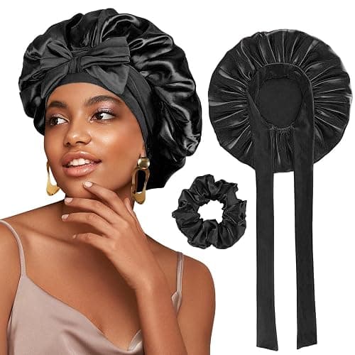 FOLAI 1 Stück Schlafmütze Satin Bonnet Nacht Schlaf Mütze Verstellbare Schlafkappe Kopfbedeckung Weiche Kopfhaube Schlafhaube Seide mit Gummizug für Damen und Mädchen(Schwarz) - Image 1