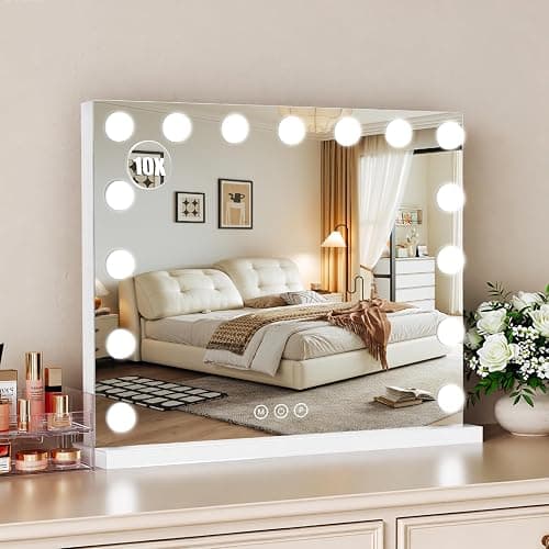 Bearolve Vanity Mirror with Lights, 23"×18" Large Hollywood Makeup Mirror with 15 Dimmable Bulbs, 3-Color Lighting, Dimmable, 10x Magnification, Desk Mirror, Bedroom (White) - Image 1