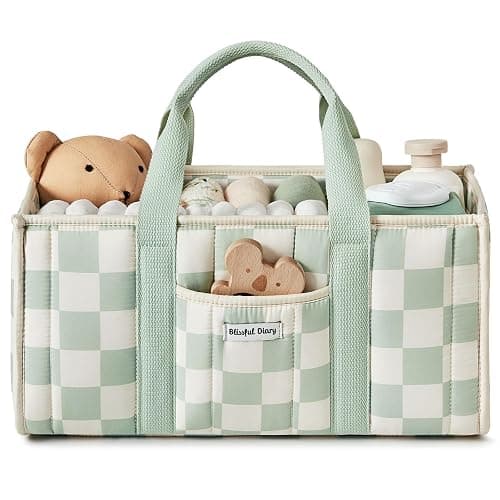 Blissful Diary Checkered Diaper Caddy Organizer, Stylish Nursery Storage Basket, Gift for Baby Shower, Newborn Essentials, Registry Search Must Haves, Sage Green - Image 1