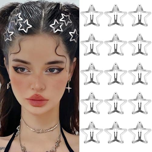 Star Hair Clips 2000s Y2K Snap Hair Barrettes Non Slip Star Hair Accessories Silver Metal Hair Clips for Girls Women -15 PCS 1.57" - Image 1