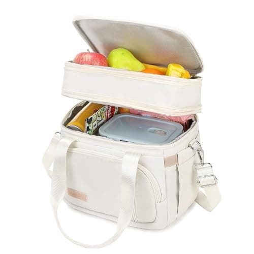 MAPLELILY Lunch Box for Men Women - Double Deck Insulated Lunch Bag, Large Leak Proof Tote Cooler, Wide Open Dual Compartment Lunch Bags with Shoulder Strap, For Work Picnic Hiking Beach, Beige - Beige - Image 1