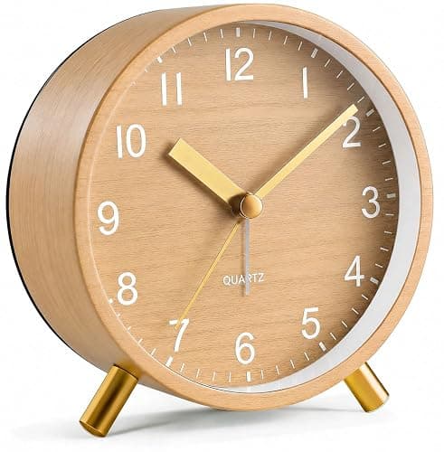 Azxb Analog Alarm Clock, Silent Non-Ticking with Night Light, Battery Operated, Fashionable Round Metal Alarm Clock for Office, Bedroom, Elderly, Adults, Women, Men Gifts Wood-Like Color - Image 1