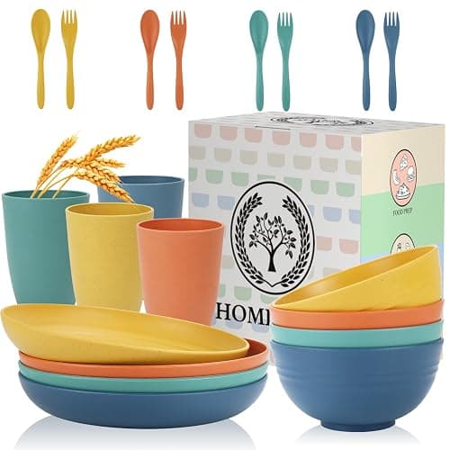 Homienly Wheat Straw Dinnerware Sets, 20pcs Dishes Dinnerware Sets Microwave and Dishwasher Safe, Lightweight Unbreakable Dish Set, Reusable Dinner Plates Kids Plates and Bowls Sets (Multicolor) - 20 PCS - Multicolor - Image 1