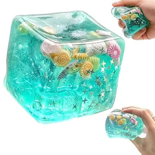 Squishy Stress Cube – Slow Rising Fidget Toys for Adults, Water Stripe Sensory Squeeze Toy with Shells, Soft Hand Toy for Office Desk Anxiety Relief (1Pcs) - Image 1