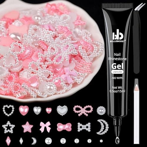 1200Pcs 3D Multi Shapes Nail Charms and Flatback Pearls, White&Pink Mix Styles Heart Star Bow Sunflower Embellishments for Nail Art, Craft and Decoration with Glue Gel, Tweezer and Pickup Pencil - Image 1