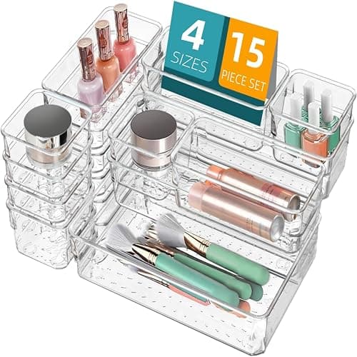 Poerlve Drawer Organizer, Makeup Organizer, Desk Drawer Organizer, Acrylic Storage Bins for Makeup, Skincare, Jewelry, Office Supplies Used in Vanity, Kitchen, Bedroom, Bathroom, Office - 15pcs - Image 1
