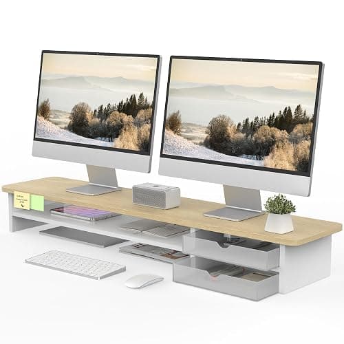 Fenge Monitor Stand, Dual Monitor Riser, 42.5inch Large Desk Computer Monitor Stand Riser with Drawer, 2 Tier Wood & Acrylic Desktop Organizer for Computer, Laptop, Printer, TV Screen Riser - Image 1