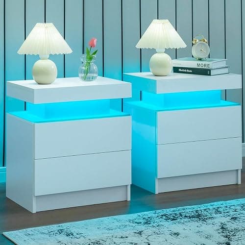 i-aplus Nightstand Set of 2 LED Nightstand with 2 Drawers,Night Stand Set 2 with LED Light,Bedside Table with Drawers for Bedroom,White - White - Image 1