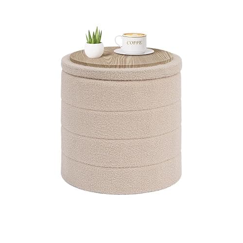 PINPLUS Storage Ottoman, 29.9 inches Velvet Sherpa Folding Storage Round Foot Rest Ottoman Beige Color,16.9" D x16.9 W x 17.7" H - Image 1
