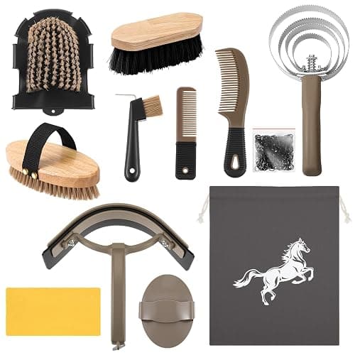 Abbylike 12 Pieces Horse Grooming Kit Racing Festival Tack Room Supplies Horse Brush Sets Equine Care Cleaning Kit Shedding Grooming Massaging Tools(Dark Gray) - Image 1