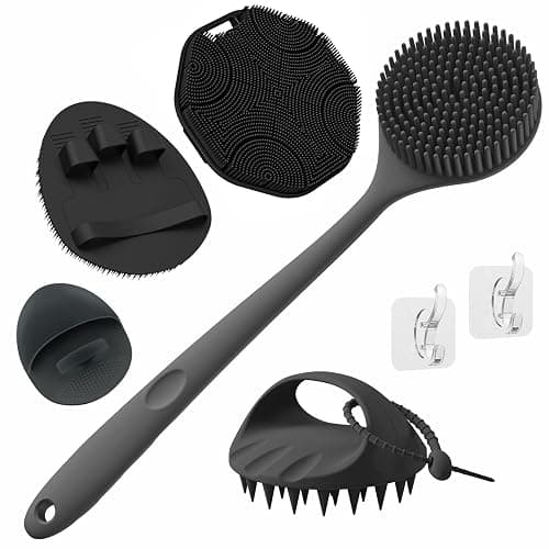 Manmihealth Silicone Back Scrubber & Soft Bath Glove, Silicone Scalp Massager Set 5 PCS, Super-Exfoliating Body Scrubber Shower Brush & Shampoo Brush Combination, with 2 Free Hooks (Style 2 Black) - Image 1