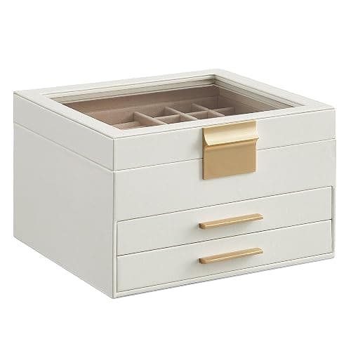 SONGMICS Jewelry Box Organizer with Glass Lid, 3-Layer Jewelry Storage, with 2 Drawers, Modern Style, 8 x 9.1 x 5.3 Inches, Cloud White and Gold Color UJBC239WT - 3 Layer (8"D x 9.1"W) - Cloud White + Gold - Image 1