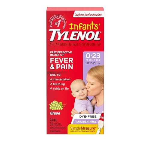 Tylenol Infant Fever, Teething and Pain Reliever for Baby, Grape Suspension Medicine, Dye Free, 24ML - Image 1
