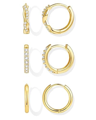 Inerney Gold Huggie Hoop Earrings Set for Women, Dainty Small Sterling Silver Earring Stacks Hypoallergenic Jewelry for Multiple Piercings, Trendy Twisted Cute Cartilage Hoops Birthstone Gift 3 Pairs - Image 1