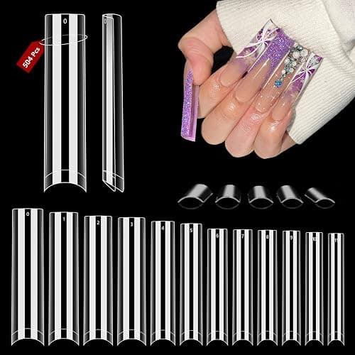 Quaferen Clear Square Nail Tips, 504PCS 3XL Long No C Curve Nail Tips, Half Cover Flat Tapered Square Straight Gel Acrylic Tips False Nails for DIY Salon Home - Image 1