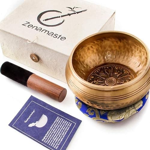 Zenamaste • Bol Tibétain Chantant Méditation Fait à la main à Bhaktapur (Népal) - 450gr ⌀11,5cm - Coffret Zen - Papier népalais - Coussin Bol Chantant (Métaux Anciens Chakra) - Maillet Bois - Image 1