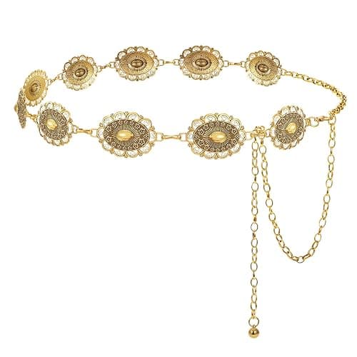 LEACOOLKEY Western Metal Concho Belt for Women Cowgirl Boho Waist Chain Belt for Dresses Jeans Pants - L:Fit waist 36"-40" - Style 1 - A-gold - Image 1