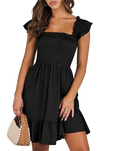 ANRABESS Women's Summer Casual Sleeveless Square Neck Dress 2025 Smocked Ruffle Backless Boho Beach Cute Teen Short Sundress - X-Large - Black - Image 1