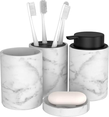 bonVIVO Bathroom Accessories Set – 4-Piece Marble Look Bathroom Set with Soap Dish, Dispenser Pump, Toothbrush Holder & Tumbler – Luxury Bathroom Accessory Set Black/Marble Finish - Image 1