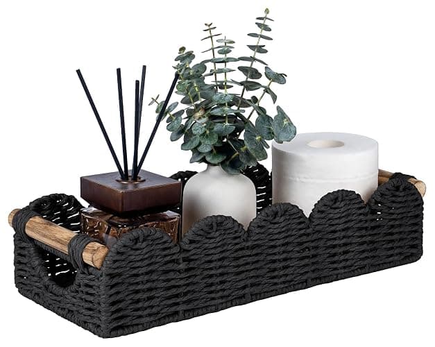 CubesLand Toilet Tank Paper Storage Basket Bathroom Counter Baskets for Organizing, Scalloped Decor Basket for Home, Living Room, Nursery, Wicker Bathroom Shelves Organization&Decorative Tray, Black - Image 1