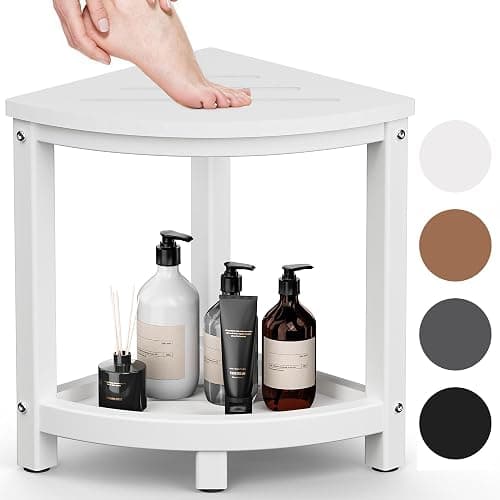 ONSGLM Shower Stool for Inside Shower, Corner Shower Bench Seat, HDPE Waterproof Shower Stool for Shaving Legs with Baffle Storage Shelf, Shower Seat/Foot Rest for Bathroom, Indoor/Outdoor Use, White - White - Image 1