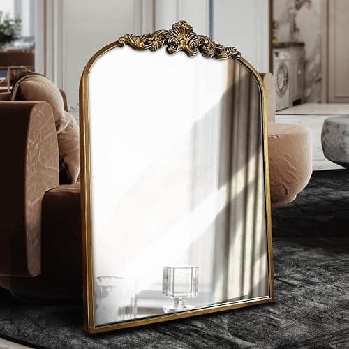 WAMIRRO Arched Gold Mirror,Gold Traditional Vintage Ornate Baroque Mirror,Antique Brass Mirrors,Wall Mounted Mirrors for Entryway/Fireplace/Living Room/Hallway/Bathroom.36“X24”Gold - Image 1
