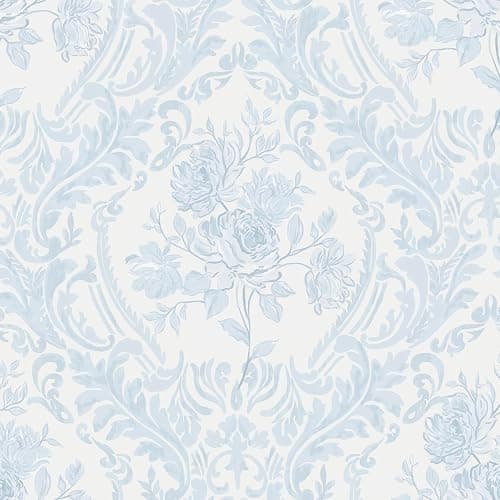 Ismoon Peel and Stick Wallpaper Vintage Floral Contact Paper Boho Watercolor Blue Damask Wallpaper Textured Removable Self Adhesive Vinyl Wall Paper for Bedroom, 17.3 in X 6.5 ft - Image 1