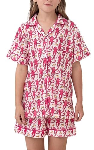 SLPTIMISO Girls Summer Outfit,Kids 2 Piece Button Down Monkey Loungewear Beach Shorts Set Preppy Animals Lounge Pjs - Image 1