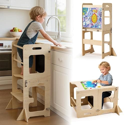 labebe Toddler Standing Tower for 12M+, Montessori Foldable Learning Standing Tower with Blackboard, Anti-tip Structure Design,Wooden Kitchen Step Helper Stool for 1-3 Year Old Boy Girl Gift - Image 1