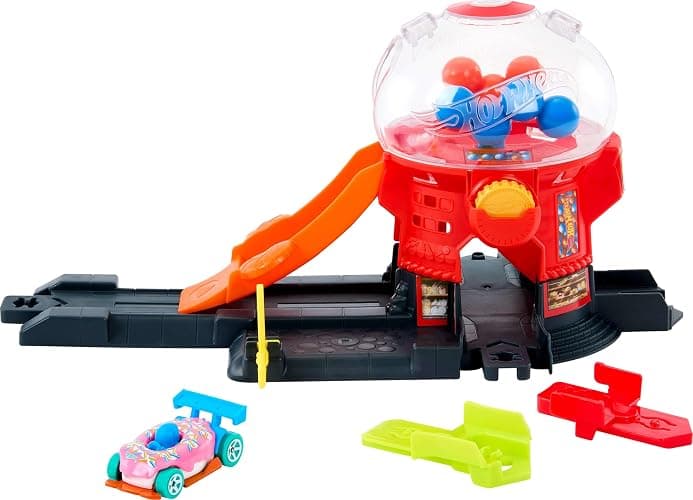 Hot Wheels Toy Car Track Set, Gumball Machine Playset with 1:64 Scale Die-Cast Donut-Shaped Vehicle & Speed Snap Track, Downtown City Candy Shop - Image 1