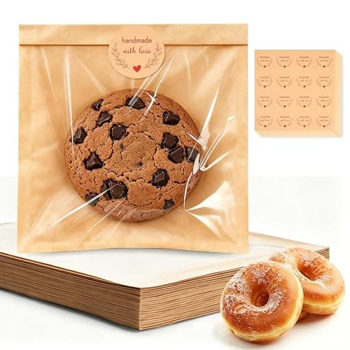 100Pcs Cookie Bags with Seal, 7.1x7.5" Large Heat-Sealable Cookie Bags with Window, Grease Resistant individual Kraft Paper Bags with Thank You Stickers for Bakery & Gifts Packing - Image 1