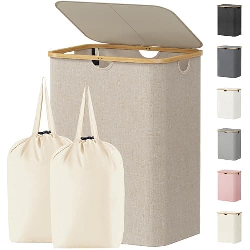 Lifewit 150L Laundry Basket with Lid, Clothes Hampers for Laundry with Bamboo Handles and 2 Removable Bag, Large Foldable Laundry Hamper for Bedroom, Bathroom, Dorm, Laundry Room, Beige - Image 1