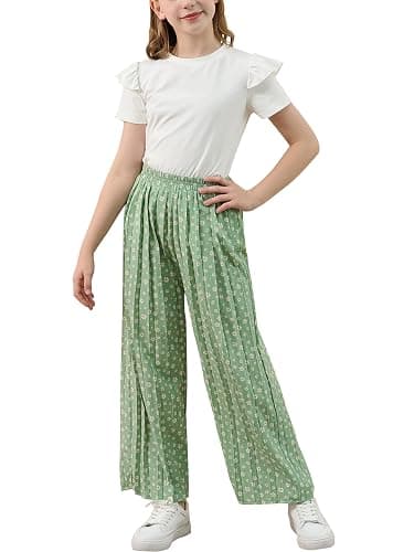 GORLYA Girls Clothing Sets Ruffle Trim Short Sleeve Tops Casual Printed Pleated Wide Leg Pants 2 PCS Outfit Suits 6-14Y - Image 1