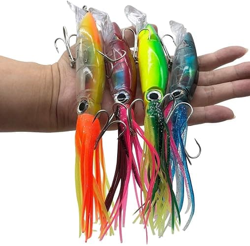 Damidel 4Pcs Large Simulation Squid Fishing Lures Bait Kit,3D Holographic Eyes,Built-in Multicolored Lead Blocks Through Heavy Duty ,Stable and Tempting - Image 1
