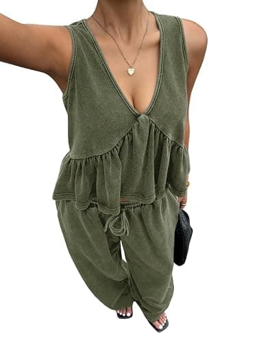 Whrounnk Women's 2 Piece Outfit Vintage Distressed Tie-Dye V-Neck Camisole And Pants Set Summer Matching Loungewear - Image 1