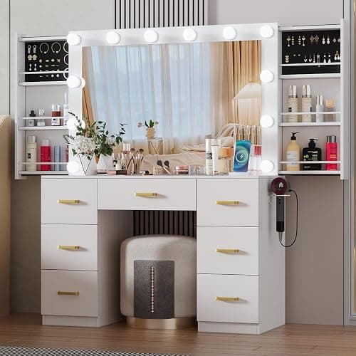 FURNJOYLIFE White Makeup Vanity Desk with Lighted Mirror & Power Outlet,3 Color Modes, Brightness Adjustable,Vanity Table with Drawer,Sliding 2 Storage Wall-Mounted Jewelry - Image 1