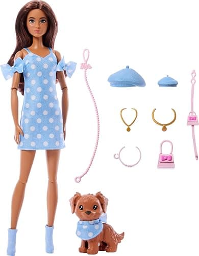 Barbie Twinning Looks Doll with Pet Dog in Matching Blue Polka Dot Clothes and Accessories for Both like Berets and Purses, Brown Hair, JFP38 - Image 1