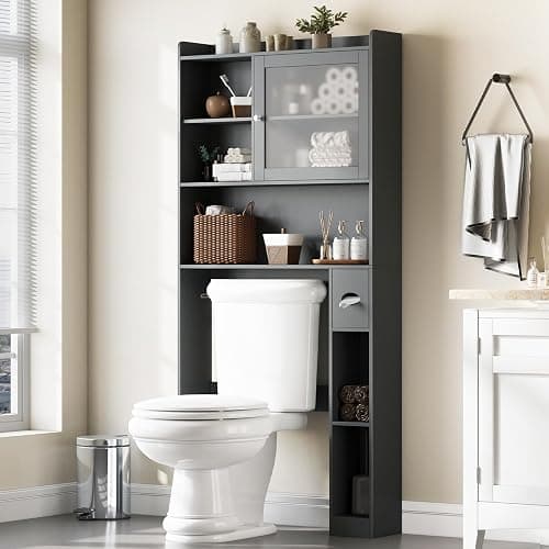 Vabches Over the Toilet Storage Cabinet with Glass Door, Above Toilet Storage Cabinet, Over Toilet Bathroom Organizer Space Saver, Behind Toilet Rack Shelf Cabinet, for Bathroom Laundry Restroom, Grey - Image 1