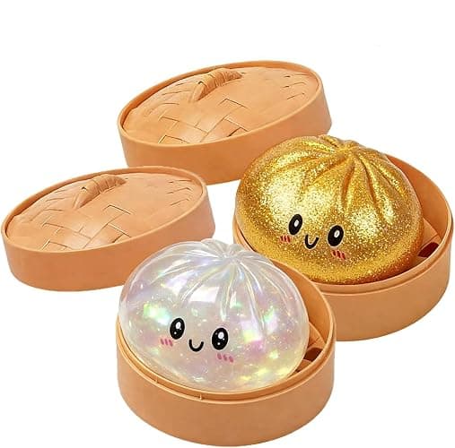 Giant Dumpling Squishy, 2026 Soft Dumpling Stress Ball with Steamer Box, Easter Gift Squeeze Stress Relief Sensory Figure Decor for Desk Office Home Relaxation (White+Gold) - Image 1