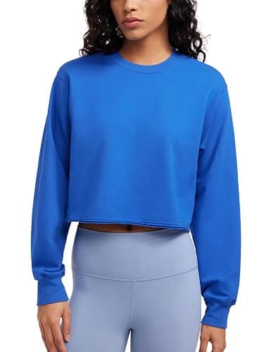 CRZ YOGA Womens Fleece Cropped Sweatshirts Crewneck Long Sleeve Double Raw Hem Workout Casual Pullover Tops - Medium - Sparkle Blue - Image 1