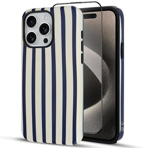 SOKAD Magnetic Vertical Stripes Phone Case for iPhone 15 Pro, Cute Navy Blue Striped Line Pattern Compatible with Magsafe Matte Protective Case Cover with Screen Protector for Girls Women - Image 1