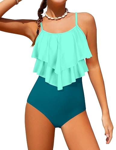 Tomolant Girls Swimsuit Color Block One Piece Swimsuit 2-Tiered Ruffle Bathing Suit Adjustable Strap Girls' Swimwear 7-16Y - Image 1