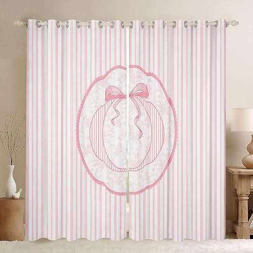 Erosebridal Pink Bow Window Drapes Coquette Preppy Bowknot Blackout Curtains 42" Wx90 L Initial O Curtains for Bedroom Living Room Pink Stripes Window Treatments 2 Panels - Image 1