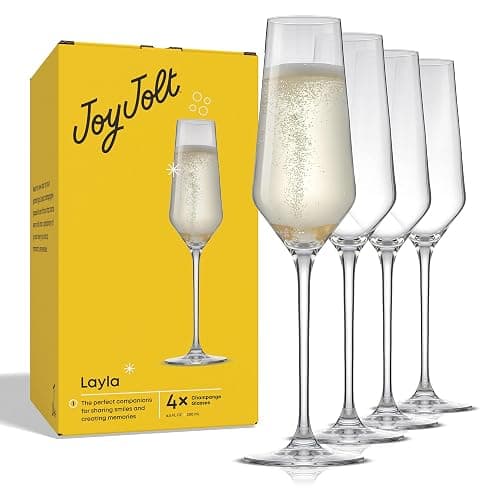 JoyJolt Champagne Glasses Layla Collection, Set of 4 â 6.7 oz Elegant Crystal Stemmed Champagne Flutes for Prosecco, Sparkling Wine, Mimosas, Cocktails, Weddings, Anniversaries, Parties - Image 1