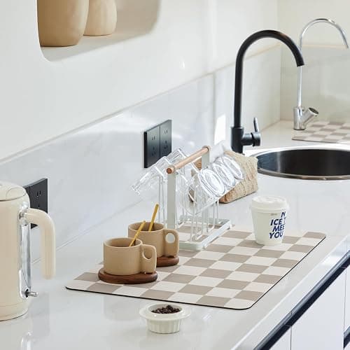 Ohocut Checkered Dish Drying Mat for Kitchen Counter, Coffee Bar Station Accessories, Retro Cute Aesthetic Modern Absorbent Drainer Mat Kitchen Drying Mat Easy Clean, Khaki 16" x 24" - Image 1