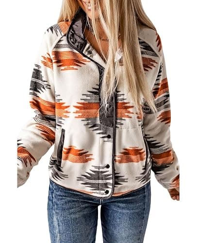 SELINK Womens Fleece Jacket Western Aztec Print Long Sleeve Snap Button Down Shacket Jackets with Pockets - Image 1