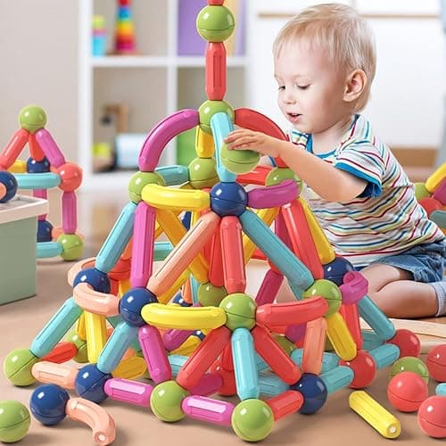 BAKAM Magnetic Building Blocks for Kids Ages 4-8, STEM Construction Toys for Boys and Girls, Large Size Magnetic Sticks and Balls Game Set for Kid’s Early Educational Learning (64PCS) - 64PCS - Image 1