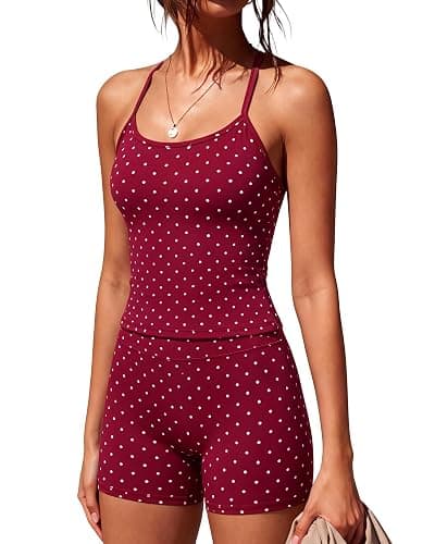SUUKSESS Women 2 Piece Workout Sets High Waisted Tummy Control Biker Shorts Halter Padded Tank Tops - Image 1
