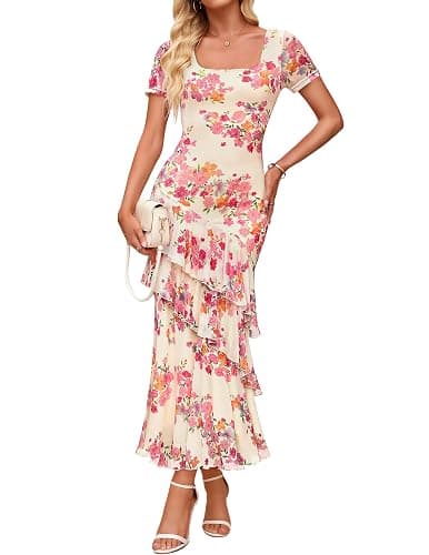 ZESICA Women's Summer Floral Bodycon Maxi Dress 2026 Square Neck Mesh Ruffle Elegant Cocktail Wedding Party Long Dresses - Image 1